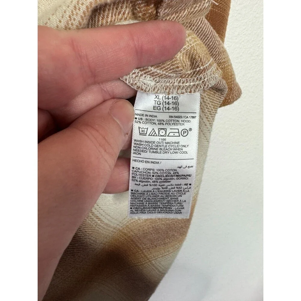 Old Navy Girls XL Hooded Flannel Shirt Cream Tan Plaid Button Front Long Sleeve